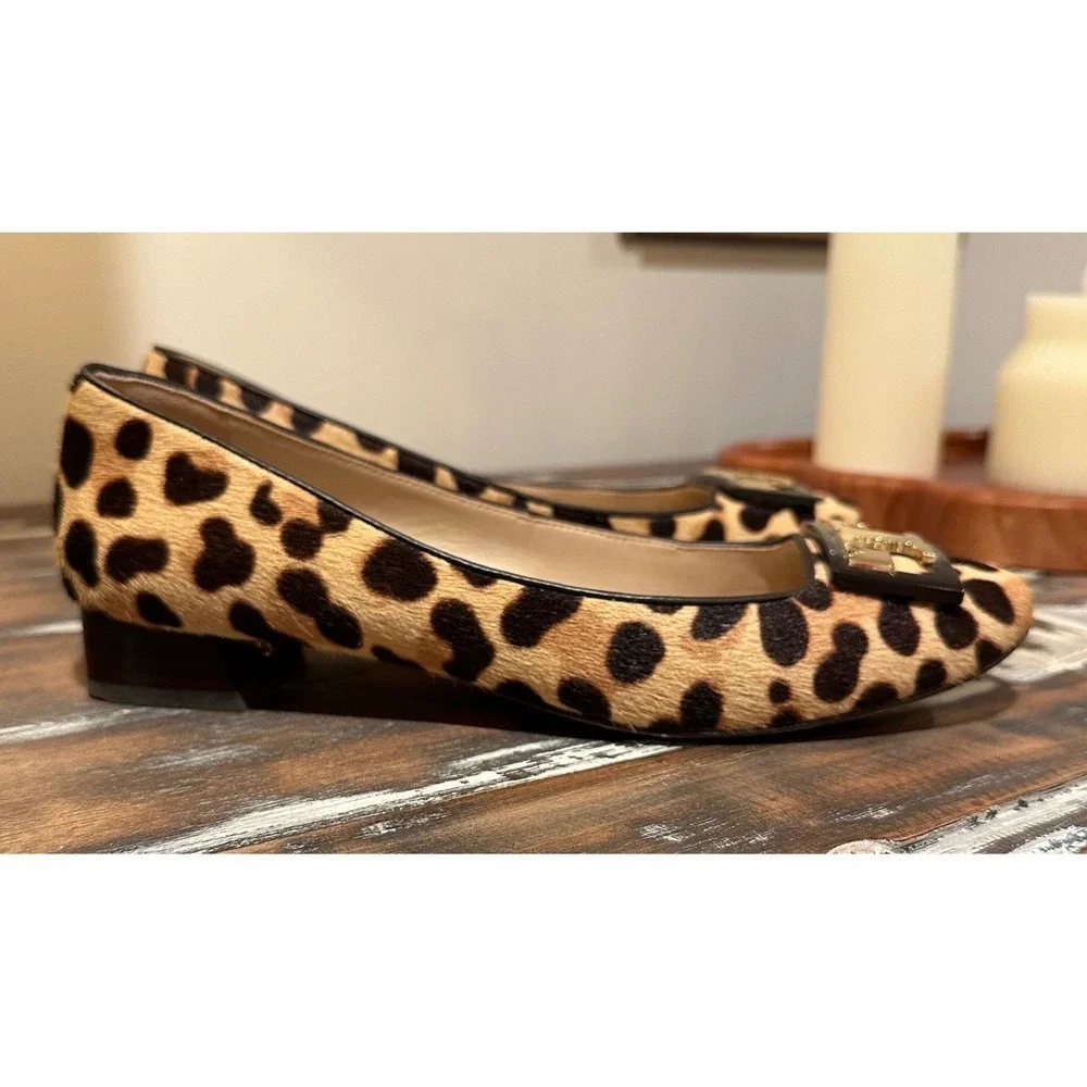 Tory Burch Gigi Leopard Print Calf Hair Ballet Flats Block Heel Size 7M